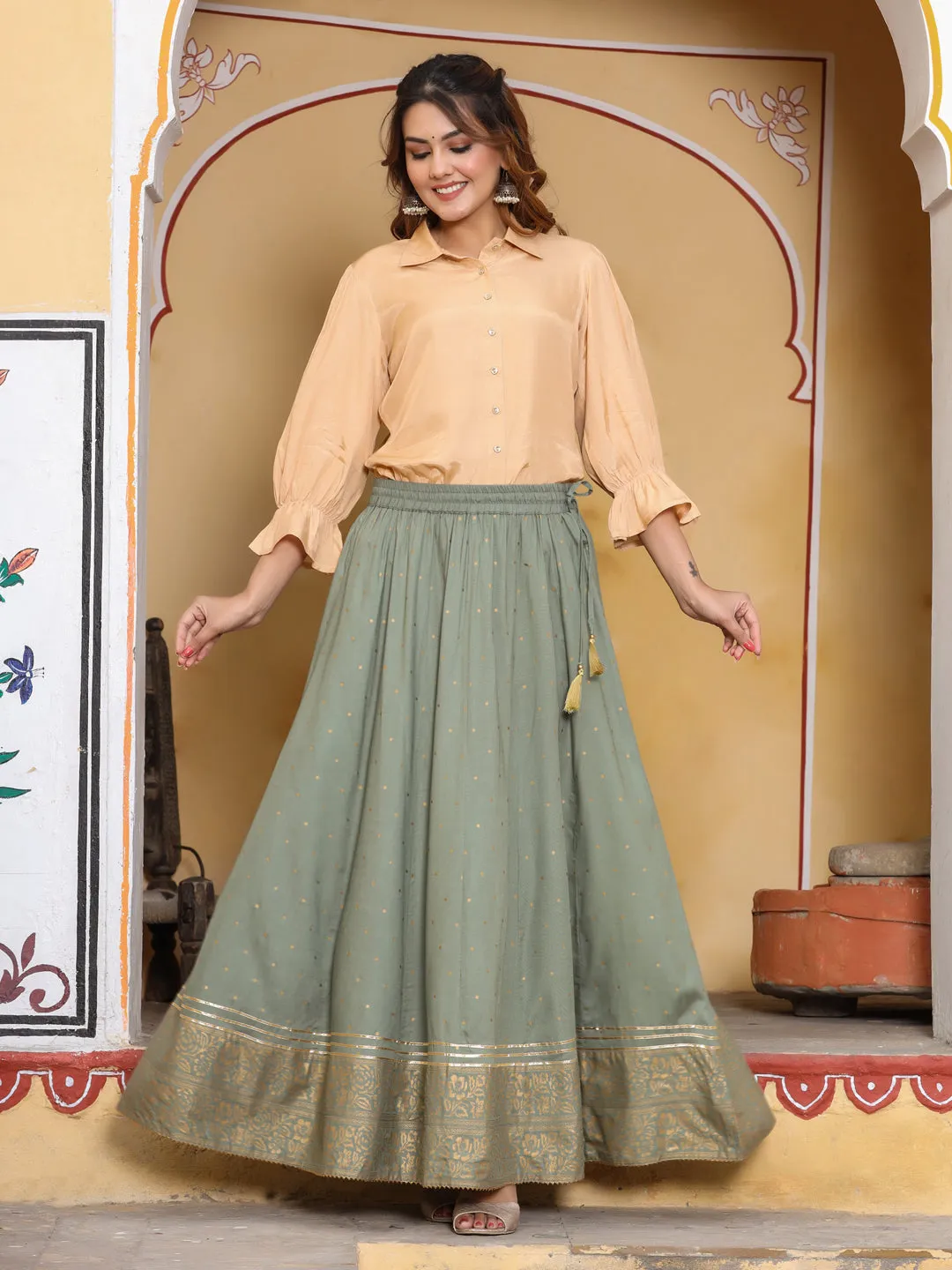 Grey Gold Ethnic Printed Rayon Maxi Flared Skirt
