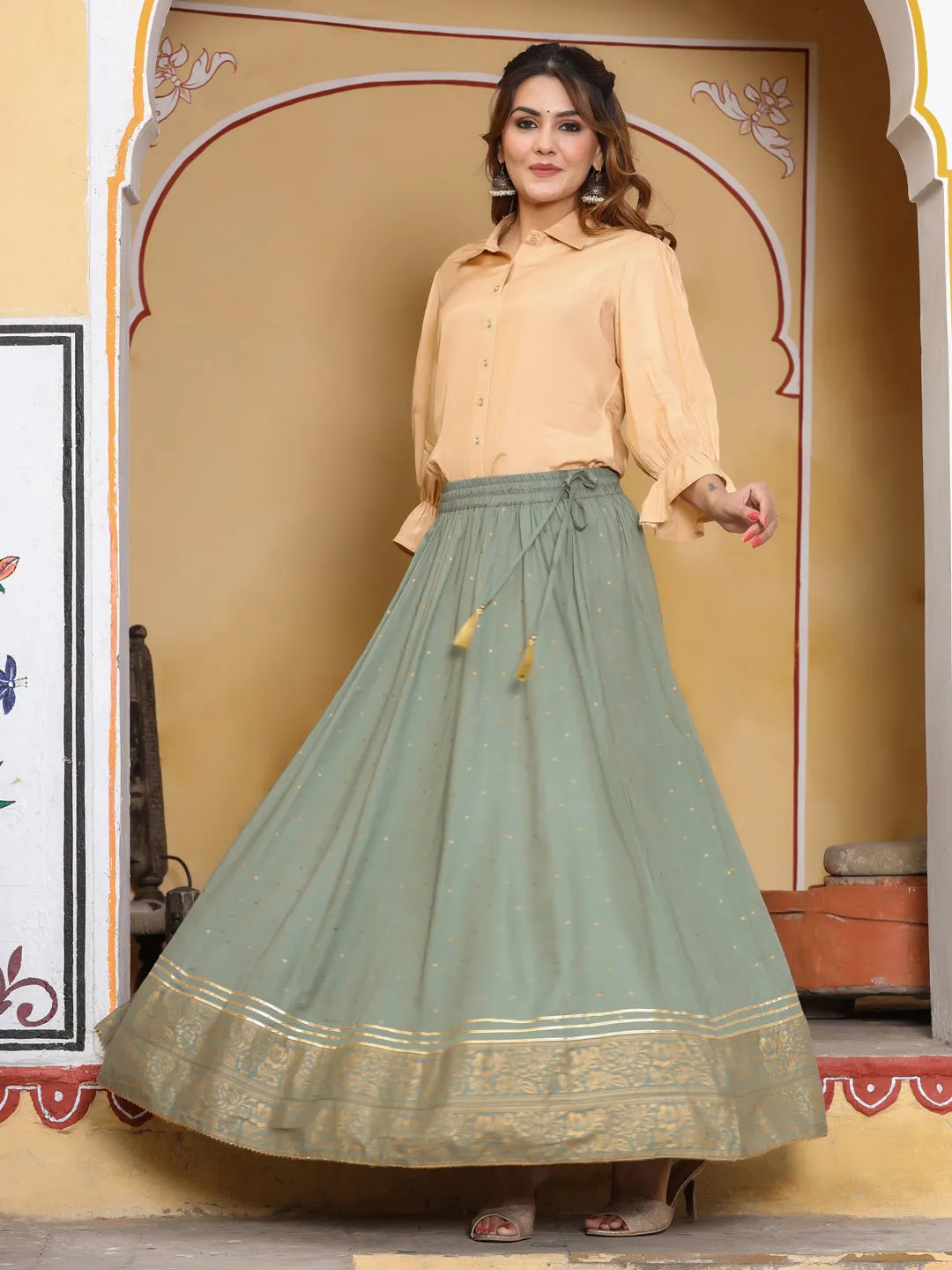Grey Gold Ethnic Printed Rayon Maxi Flared Skirt