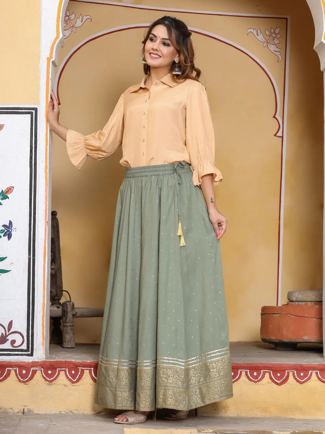 Grey Gold Ethnic Printed Rayon Maxi Flared Skirt
