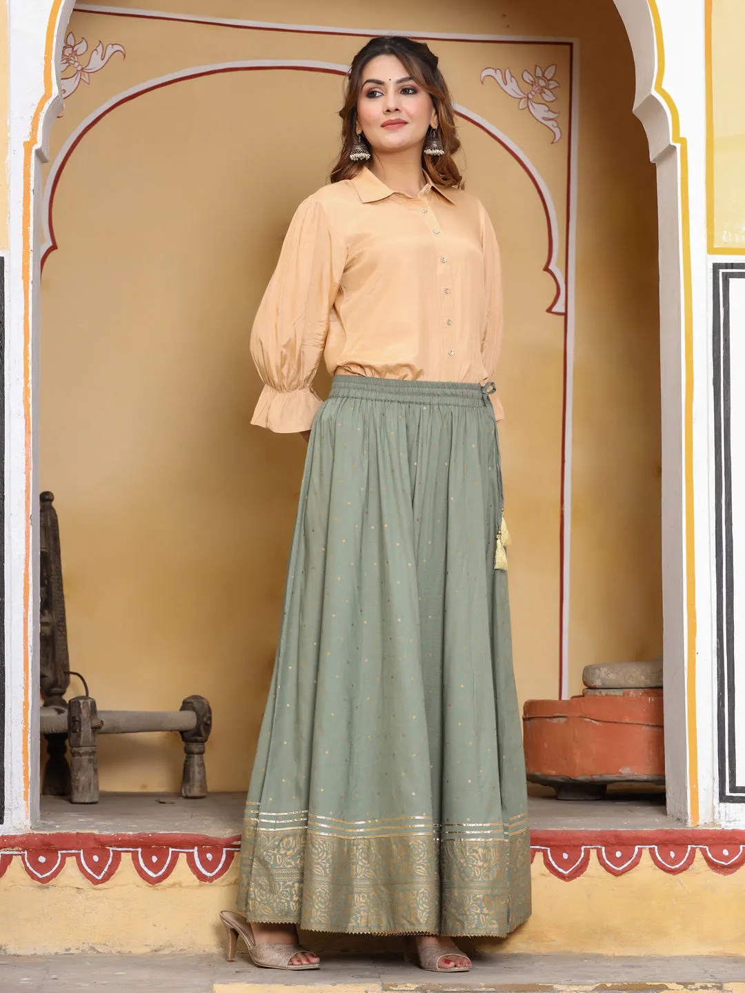 Grey Gold Ethnic Printed Rayon Maxi Flared Skirt