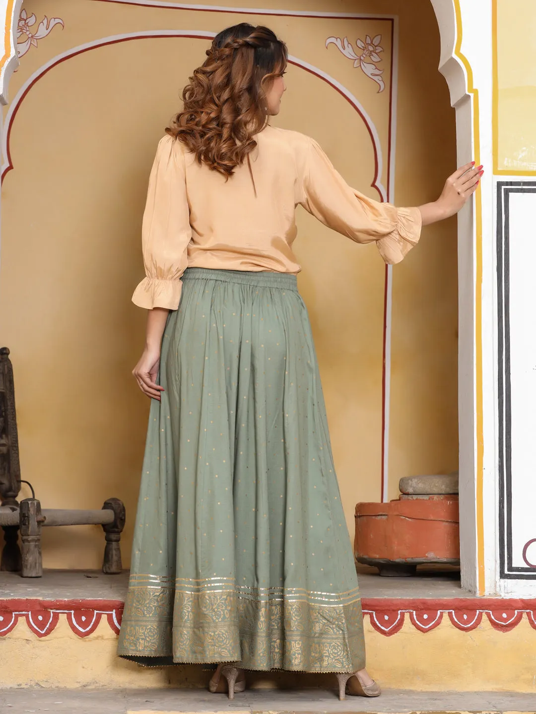 Grey Gold Ethnic Printed Rayon Maxi Flared Skirt