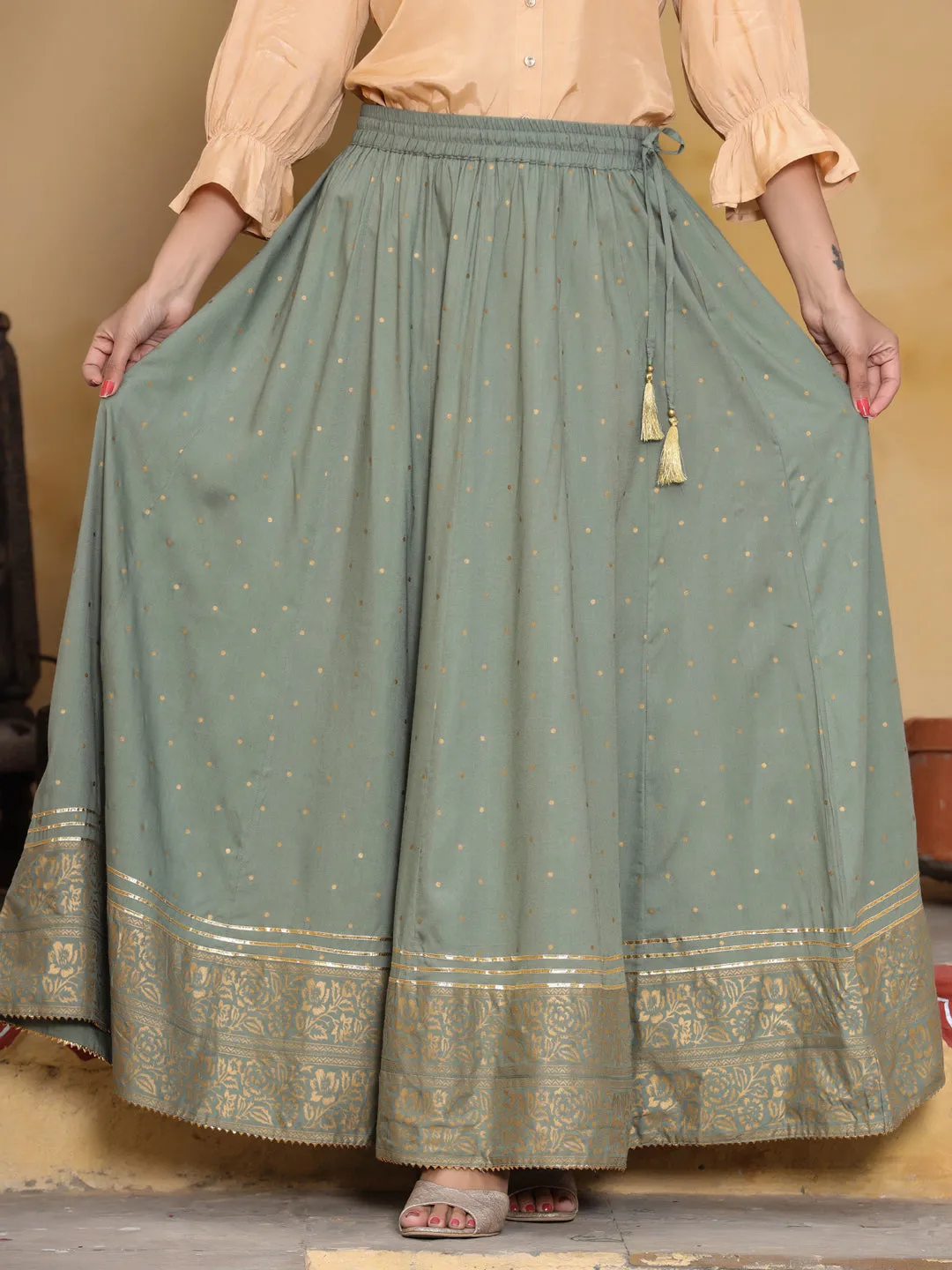 Grey Gold Ethnic Printed Rayon Maxi Flared Skirt