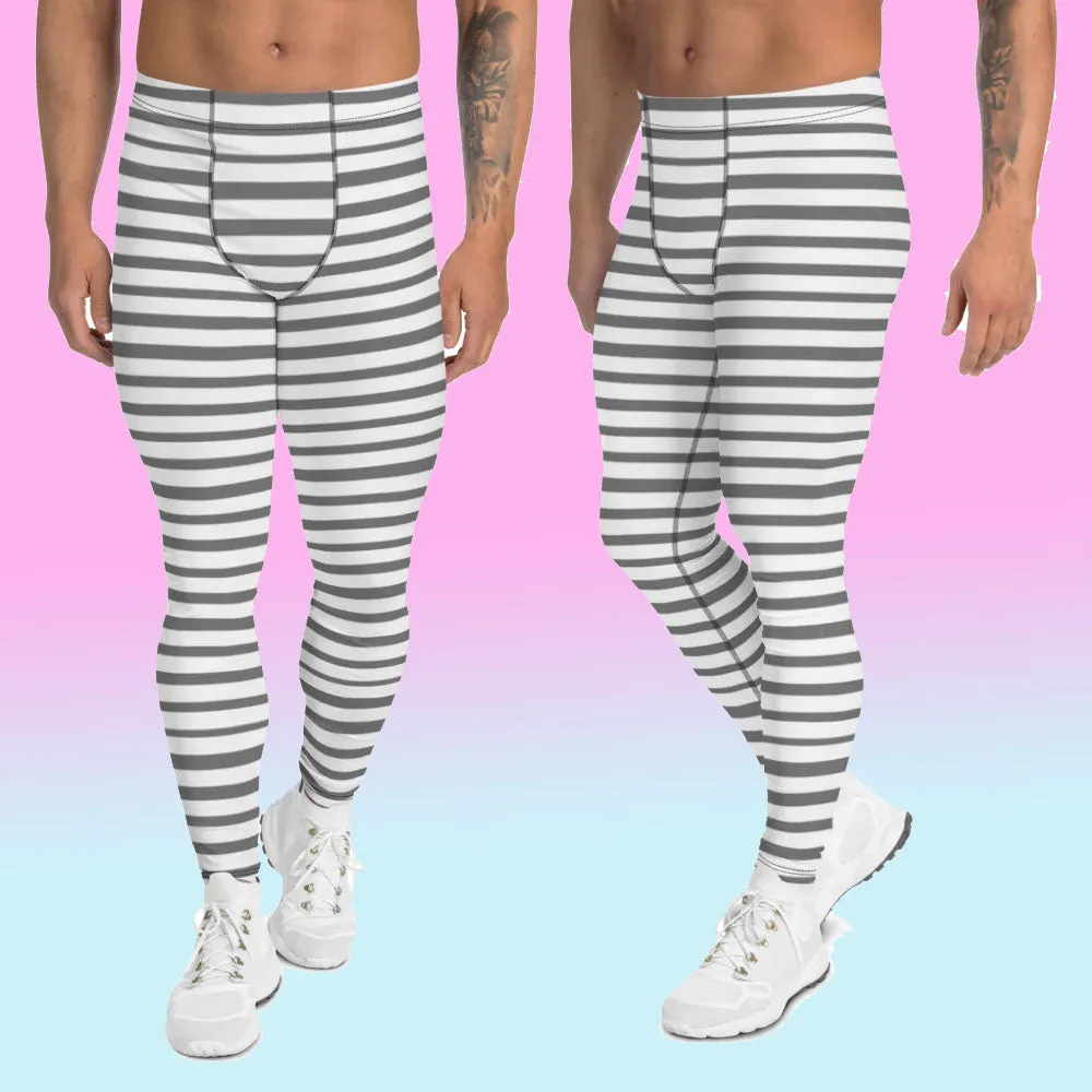 Grey Striped Men's Leggings, Best Modern Grey and White Stripes Print Circus Meggings-Made in USA/EU/MX/MX