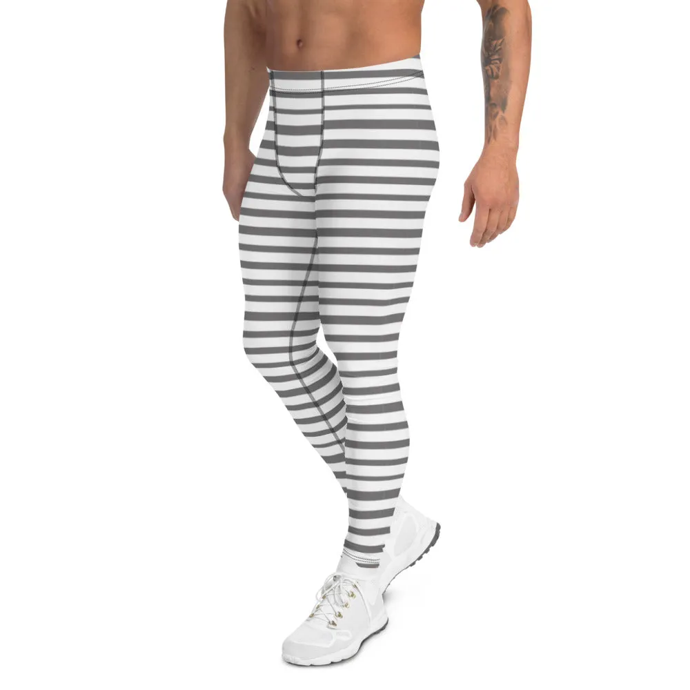 Grey Striped Men's Leggings, Best Modern Grey and White Stripes Print Circus Meggings-Made in USA/EU/MX/MX