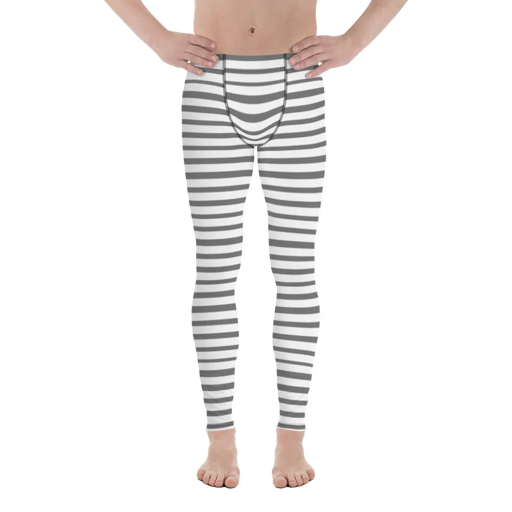 Grey Striped Men's Leggings, Best Modern Grey and White Stripes Print Circus Meggings-Made in USA/EU/MX/MX