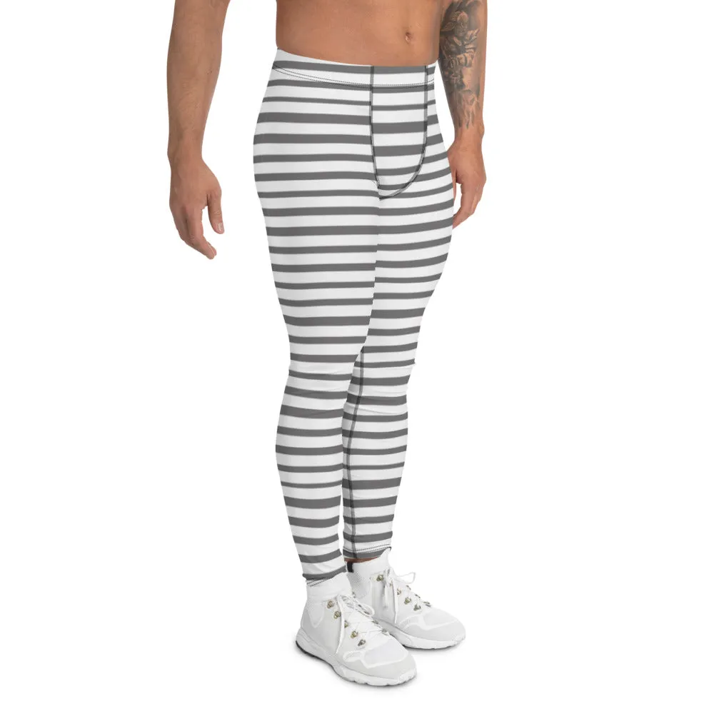 Grey Striped Men's Leggings, Best Modern Grey and White Stripes Print Circus Meggings-Made in USA/EU/MX/MX