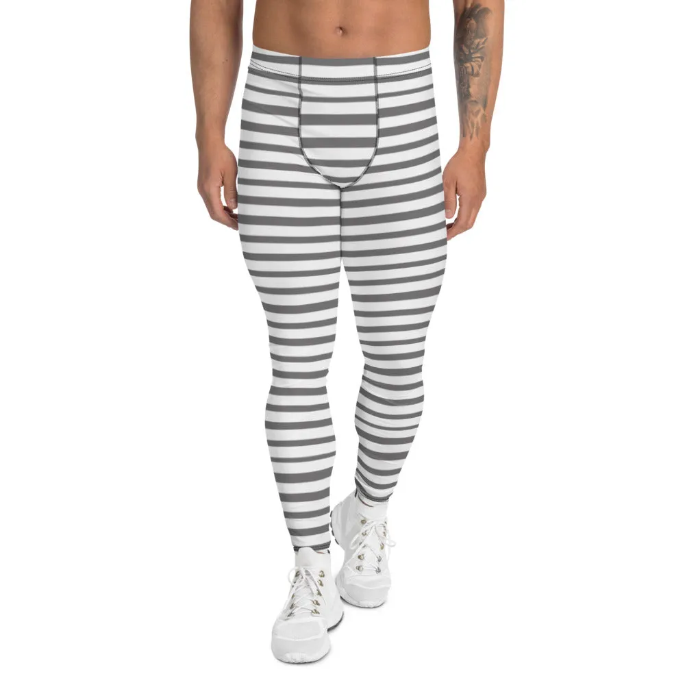 Grey Striped Men's Leggings, Best Modern Grey and White Stripes Print Circus Meggings-Made in USA/EU/MX/MX