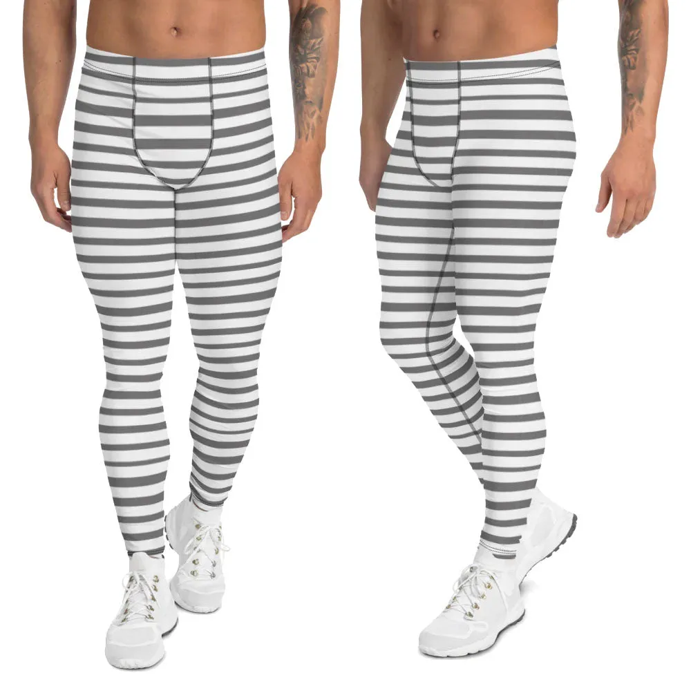 Grey Striped Men's Leggings, Best Modern Grey and White Stripes Print Circus Meggings-Made in USA/EU/MX/MX