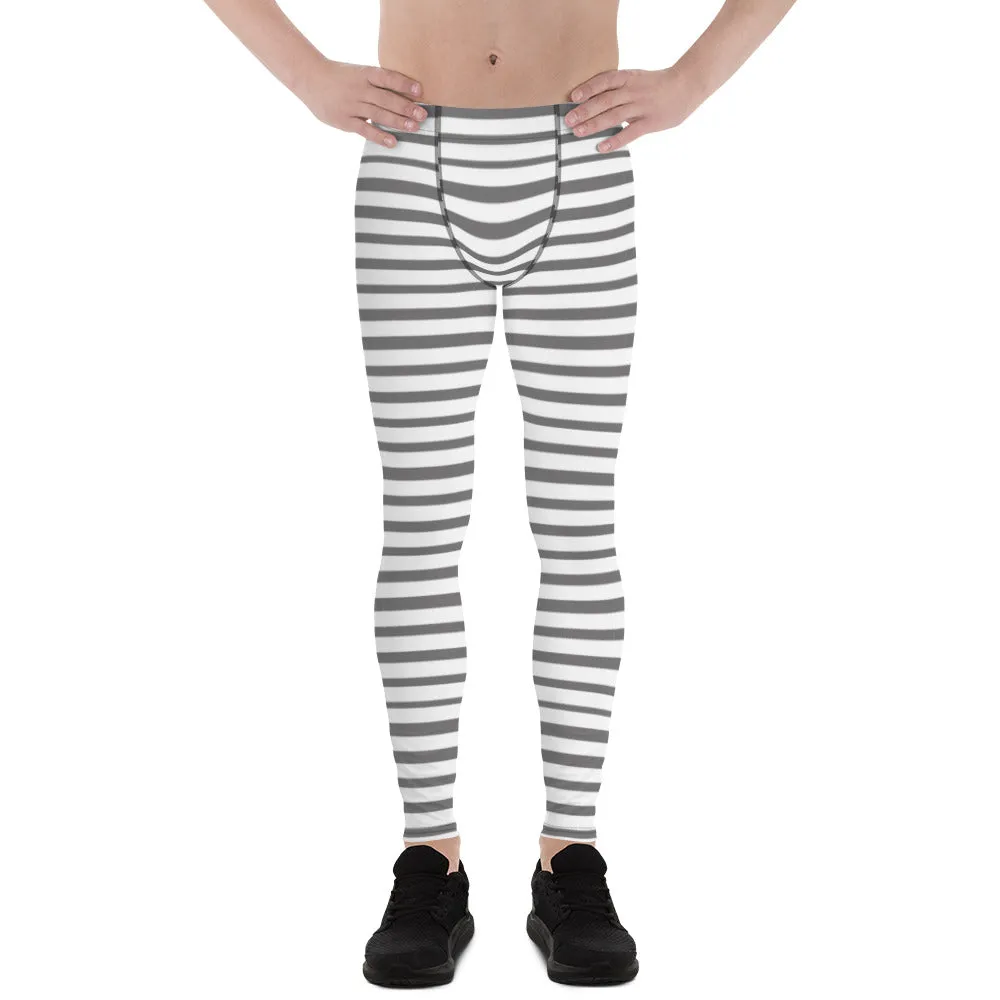 Grey Striped Men's Leggings, Best Modern Grey and White Stripes Print Circus Meggings-Made in USA/EU/MX/MX