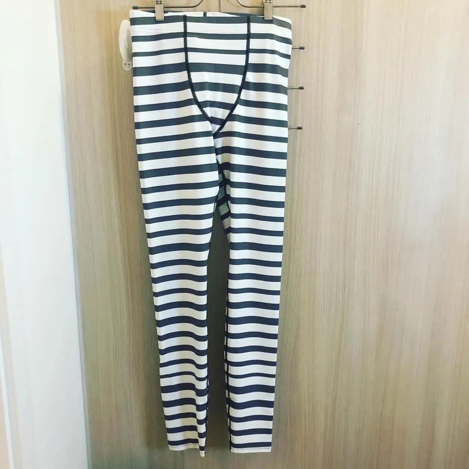 Grey Striped Men's Leggings, Best Modern Grey and White Stripes Print Circus Meggings-Made in USA/EU/MX/MX