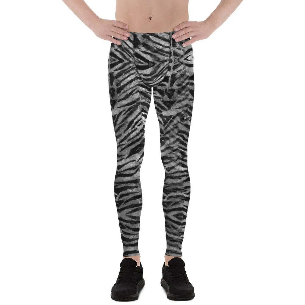 Grey Tiger Stripe Men's Leggings, Animal Print Meggings Compression Tights-Made in USA/EU