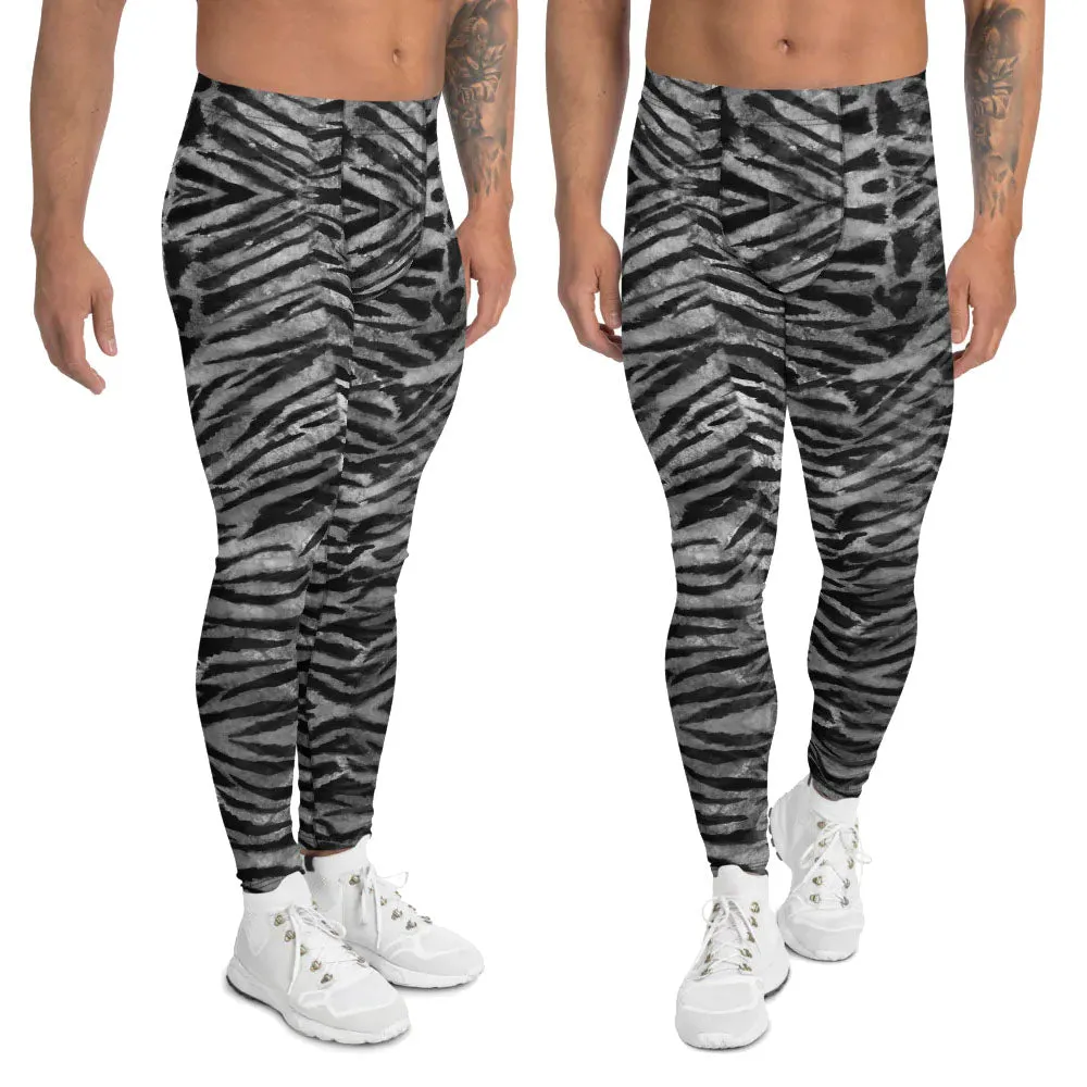Grey Tiger Stripe Men's Leggings, Animal Print Meggings Compression Tights-Made in USA/EU