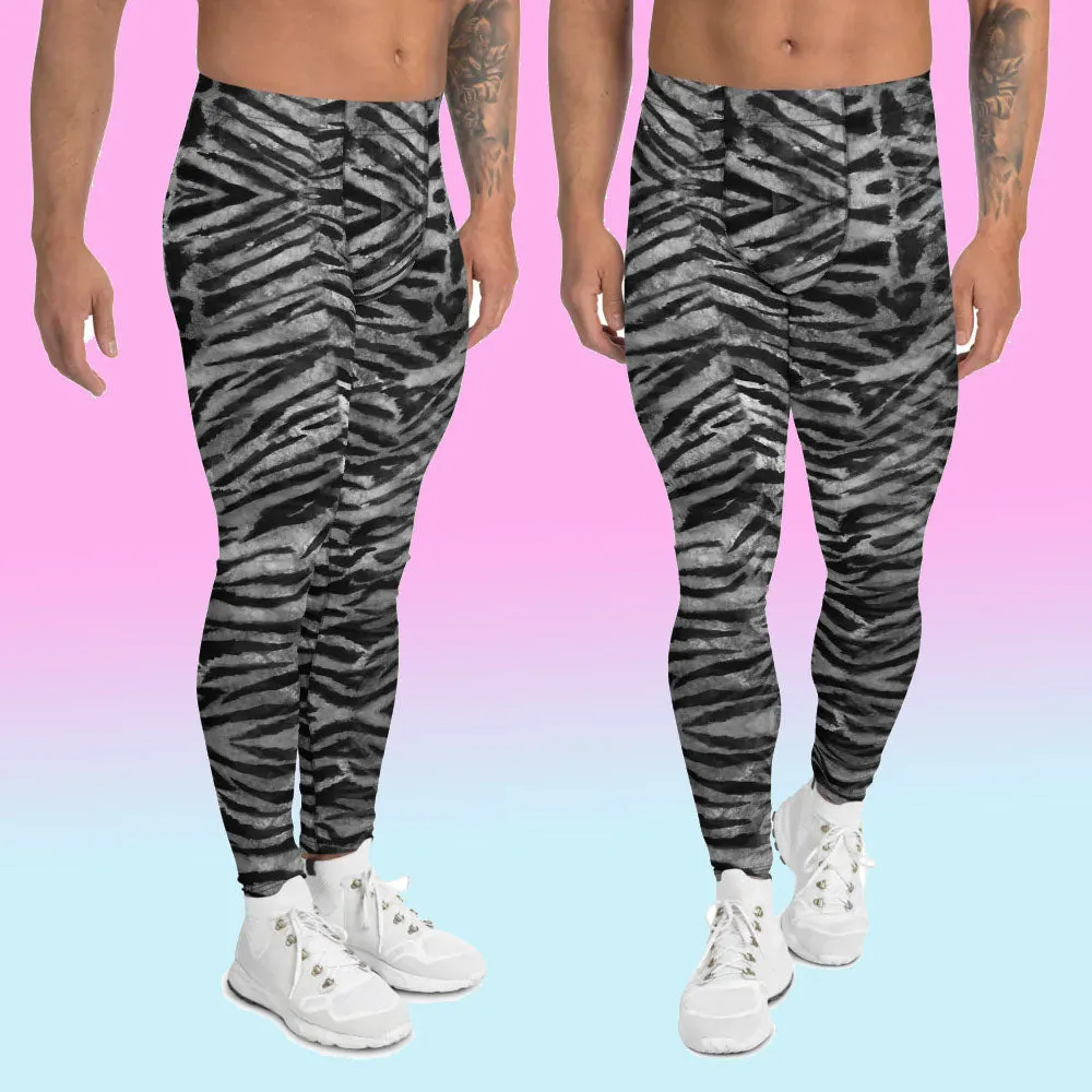Grey Tiger Stripe Men's Leggings, Animal Print Meggings Compression Tights-Made in USA/EU