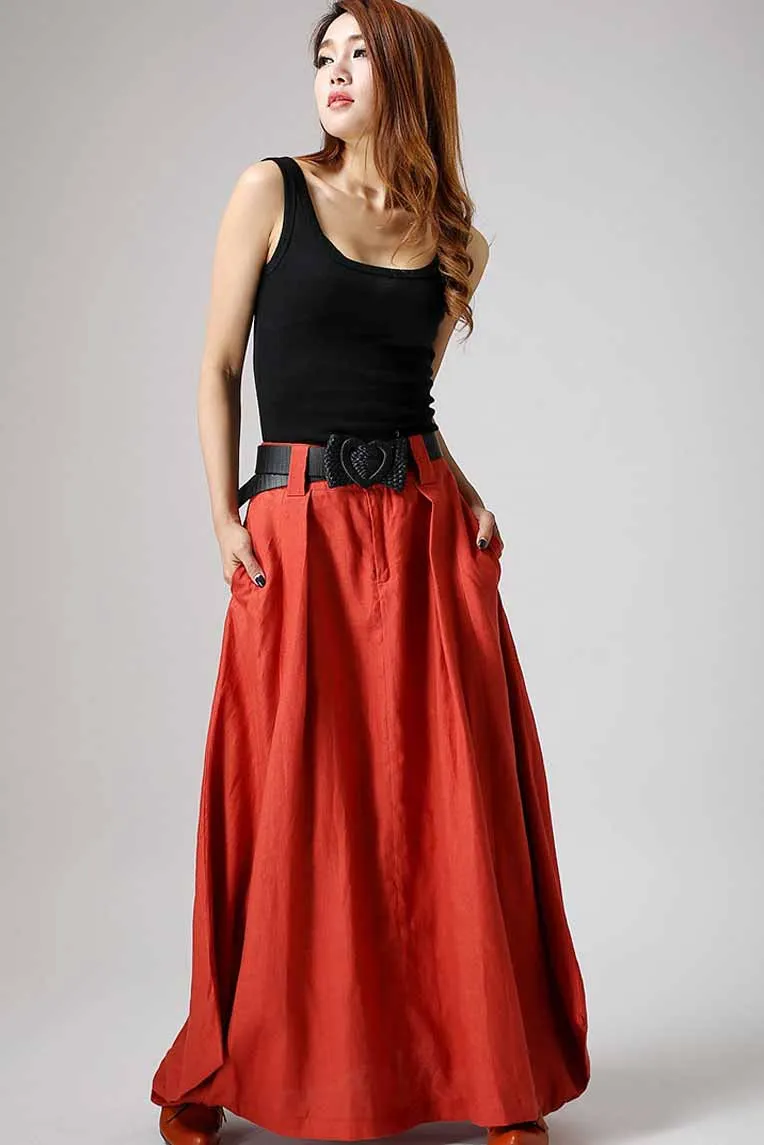 Handmade Gray Linen Maxi Skirt for Women 0905#