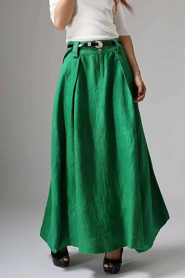 Handmade Gray Linen Maxi Skirt for Women 0905#