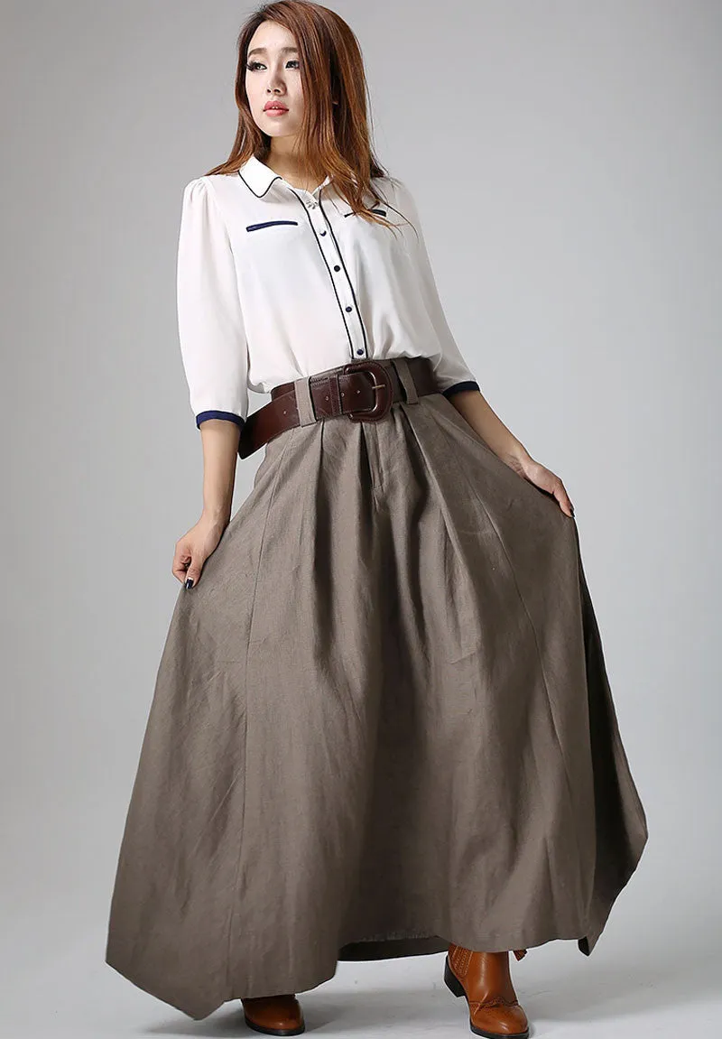 Handmade Gray Linen Maxi Skirt for Women 0905#