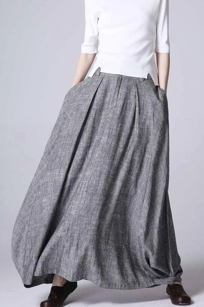 Handmade Gray Linen Maxi Skirt for Women 0905#