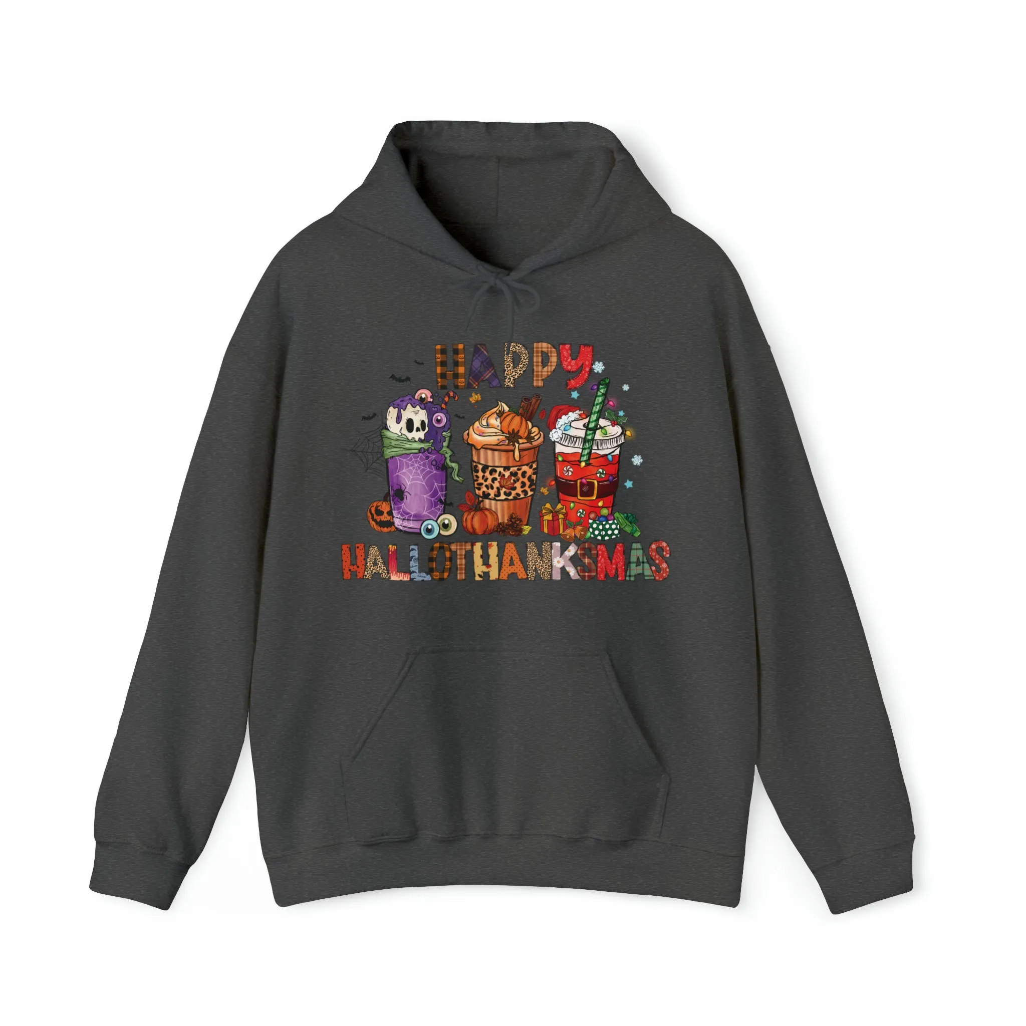 Happy Hallothanksmas Hooded Sweatshirt Hoodie Silly Halloween Thanksgiving Christmas All In One Graphic Viral Sweatshirt Viral Holiday Sweatshirt