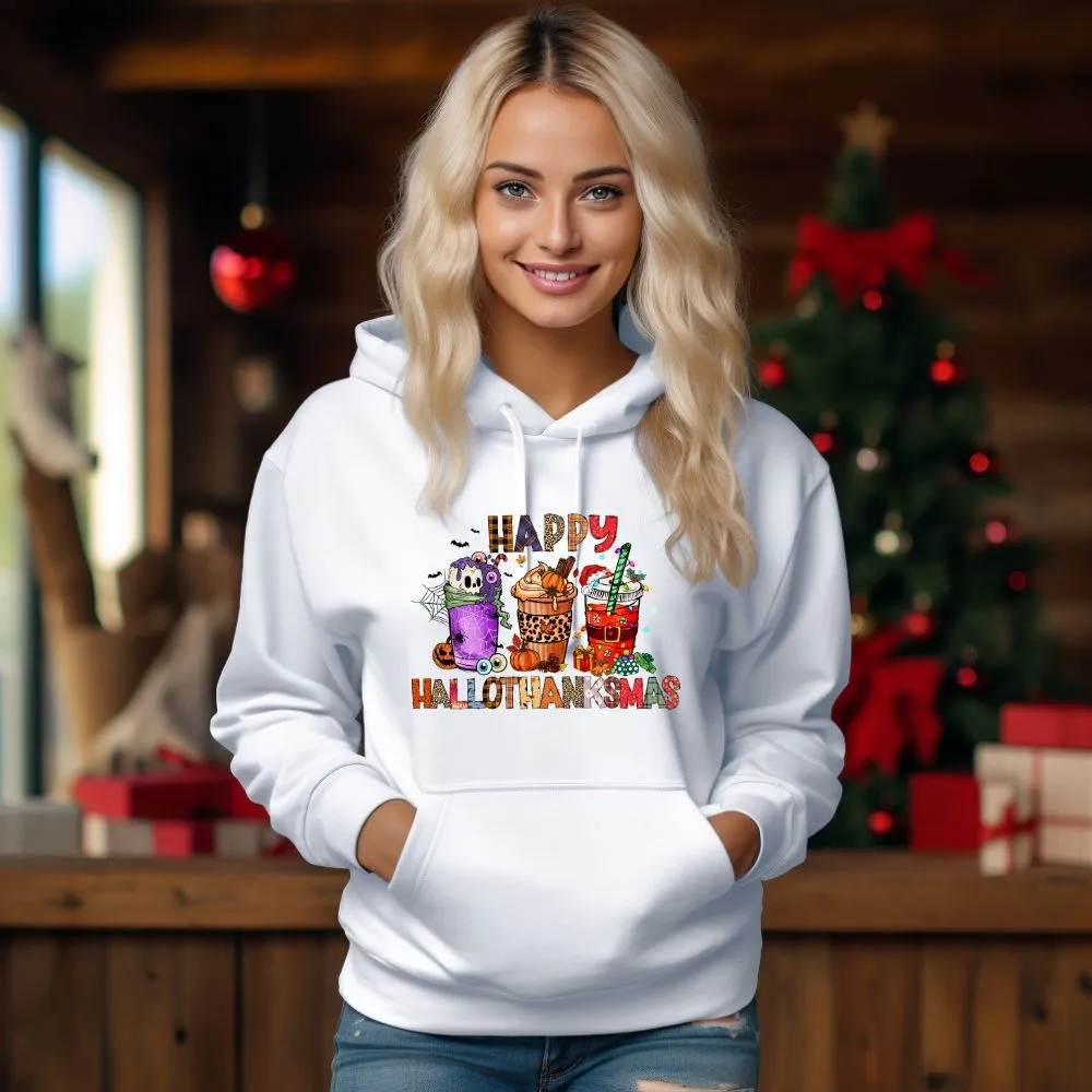 Happy Hallothanksmas Hooded Sweatshirt Hoodie Silly Halloween Thanksgiving Christmas All In One Graphic Viral Sweatshirt Viral Holiday Sweatshirt
