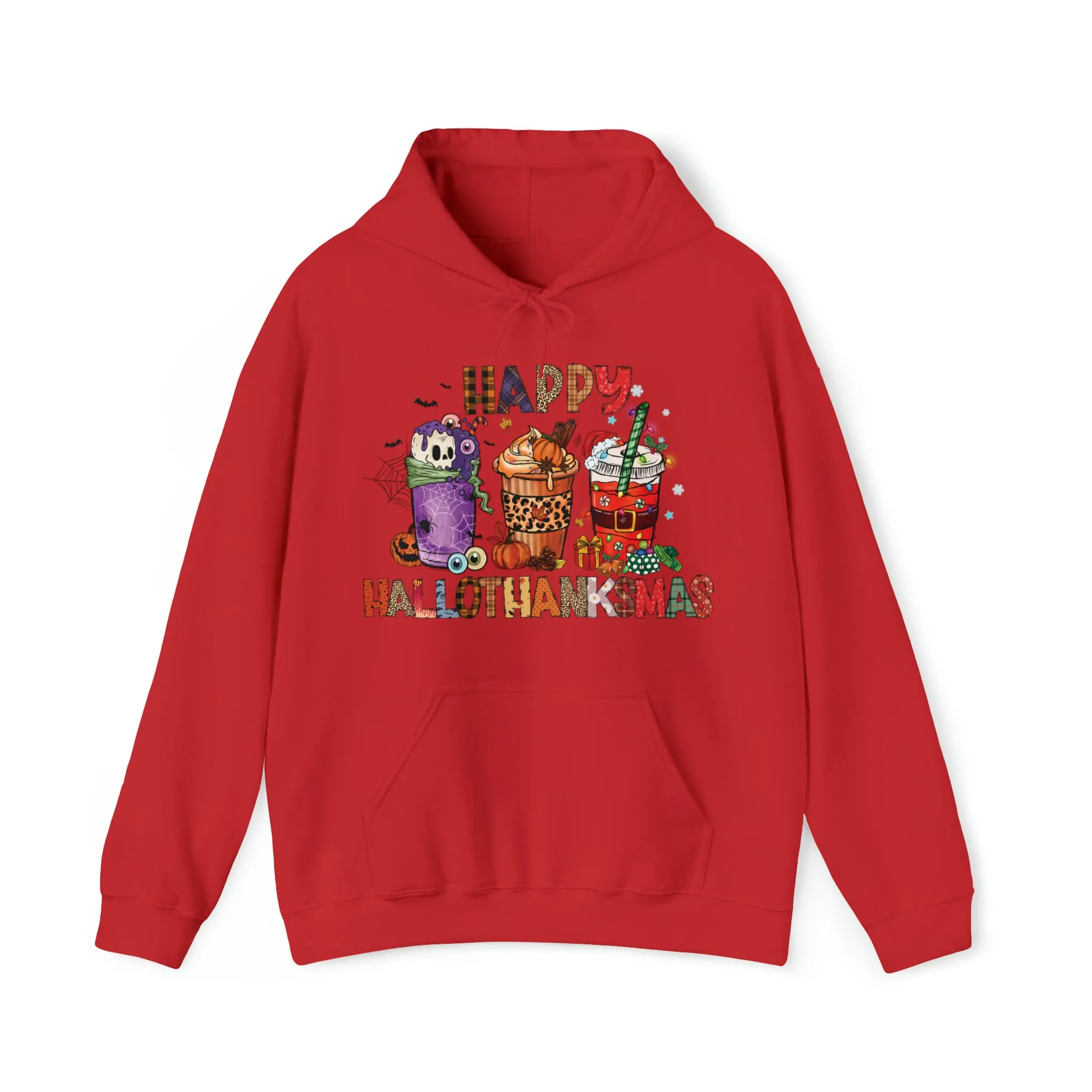 Happy Hallothanksmas Hooded Sweatshirt Hoodie Silly Halloween Thanksgiving Christmas All In One Graphic Viral Sweatshirt Viral Holiday Sweatshirt