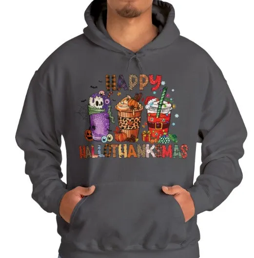 Happy Hallothanksmas Hooded Sweatshirt Hoodie Silly Halloween Thanksgiving Christmas All In One Graphic Viral Sweatshirt Viral Holiday Sweatshirt