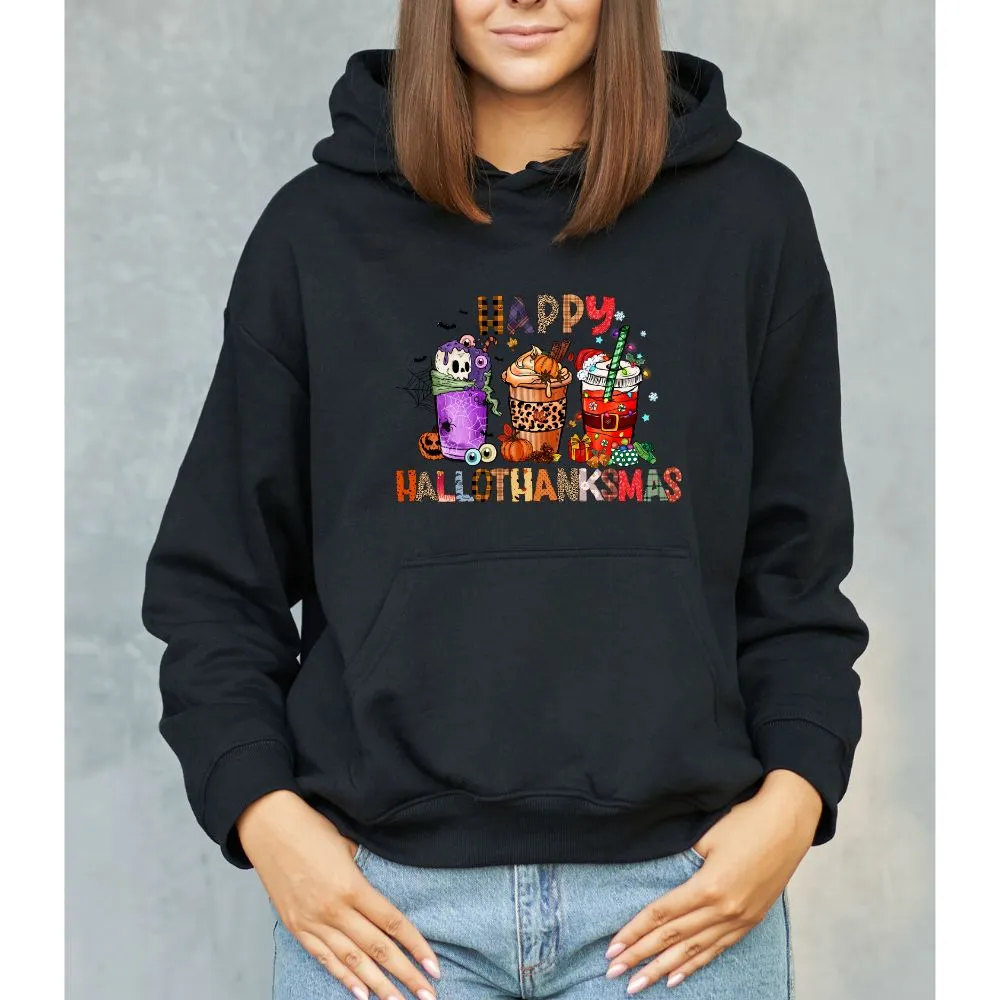 Happy Hallothanksmas Hooded Sweatshirt Hoodie Silly Halloween Thanksgiving Christmas All In One Graphic Viral Sweatshirt Viral Holiday Sweatshirt
