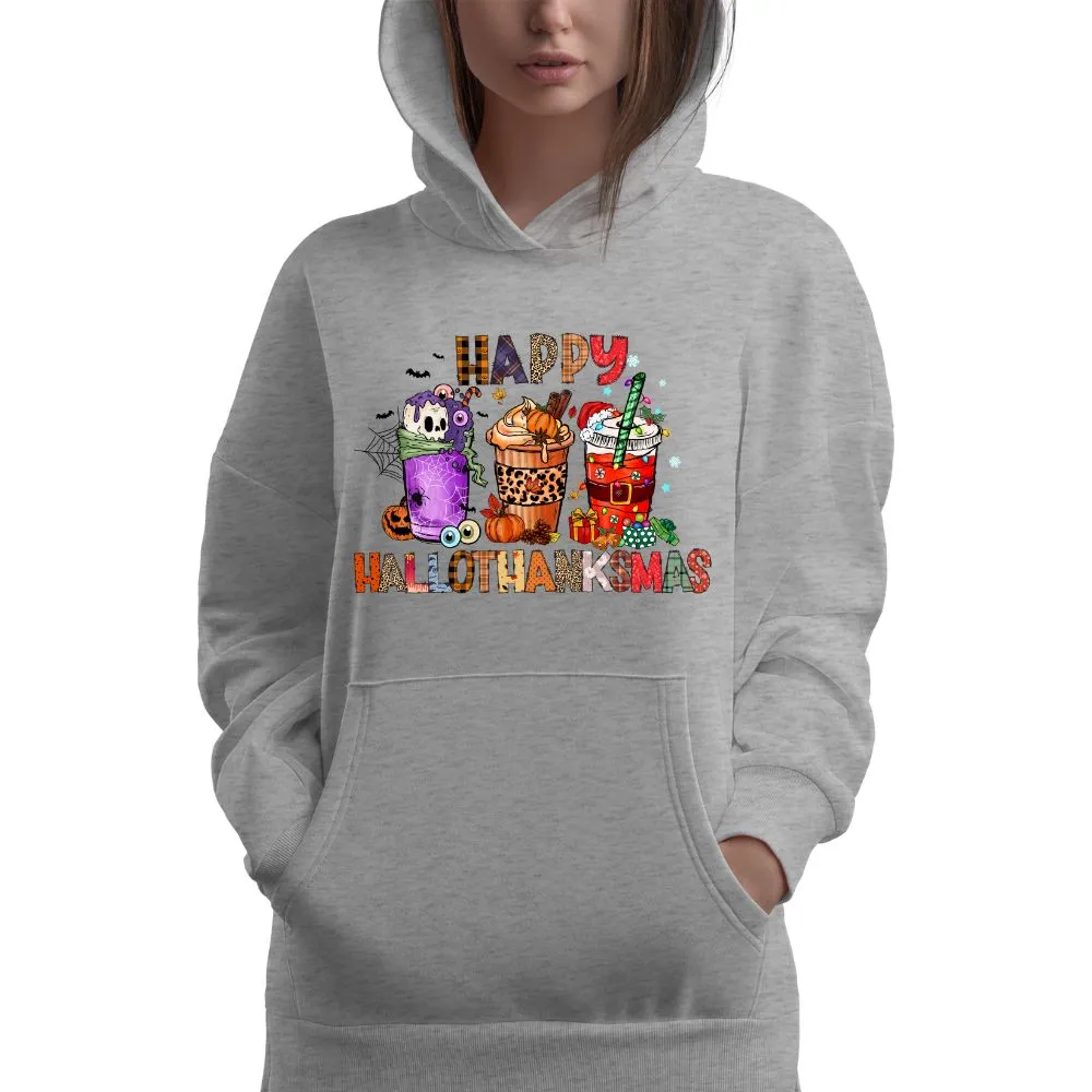 Happy Hallothanksmas Hooded Sweatshirt Hoodie Silly Halloween Thanksgiving Christmas All In One Graphic Viral Sweatshirt Viral Holiday Sweatshirt