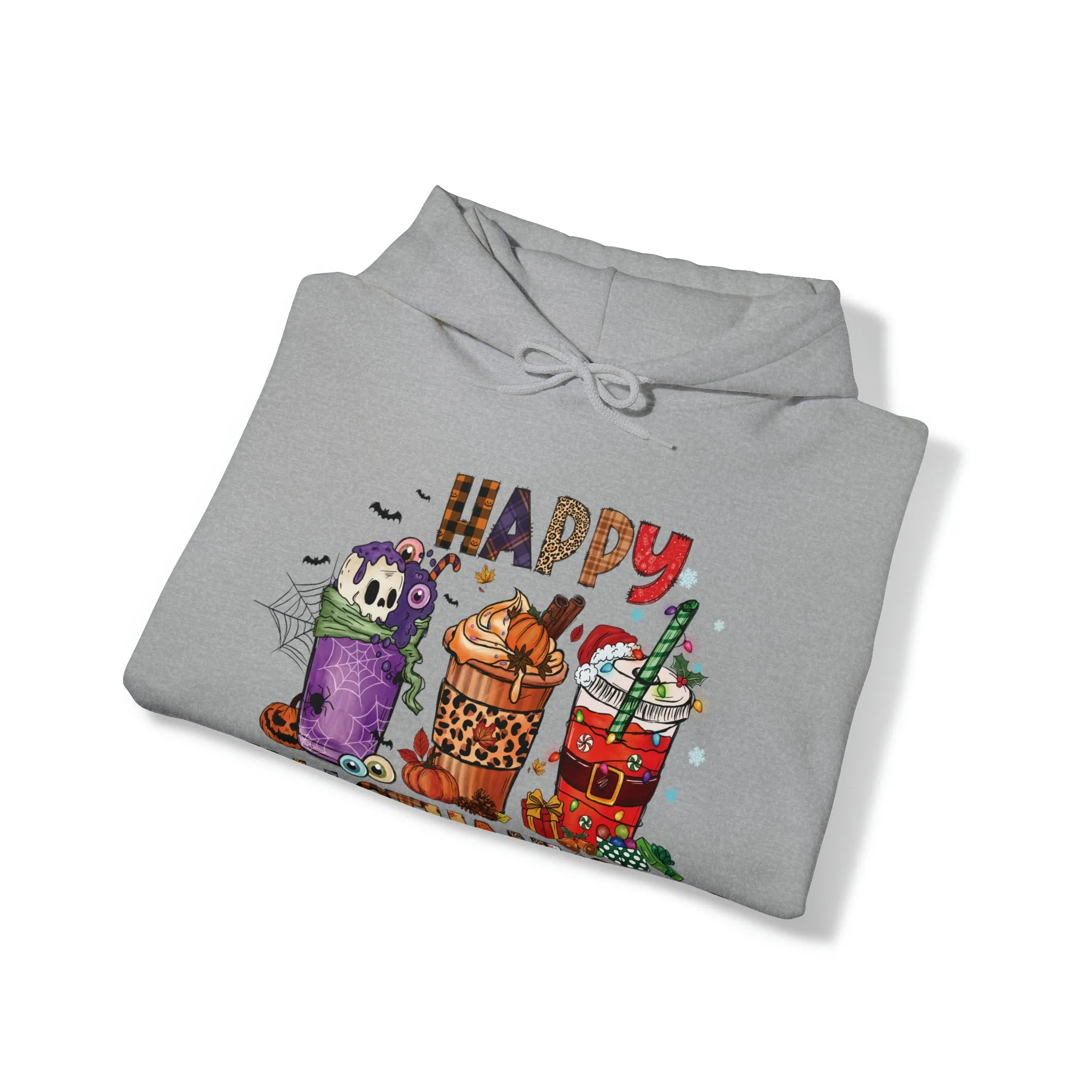 Happy Hallothanksmas Hooded Sweatshirt Hoodie Silly Halloween Thanksgiving Christmas All In One Graphic Viral Sweatshirt Viral Holiday Sweatshirt