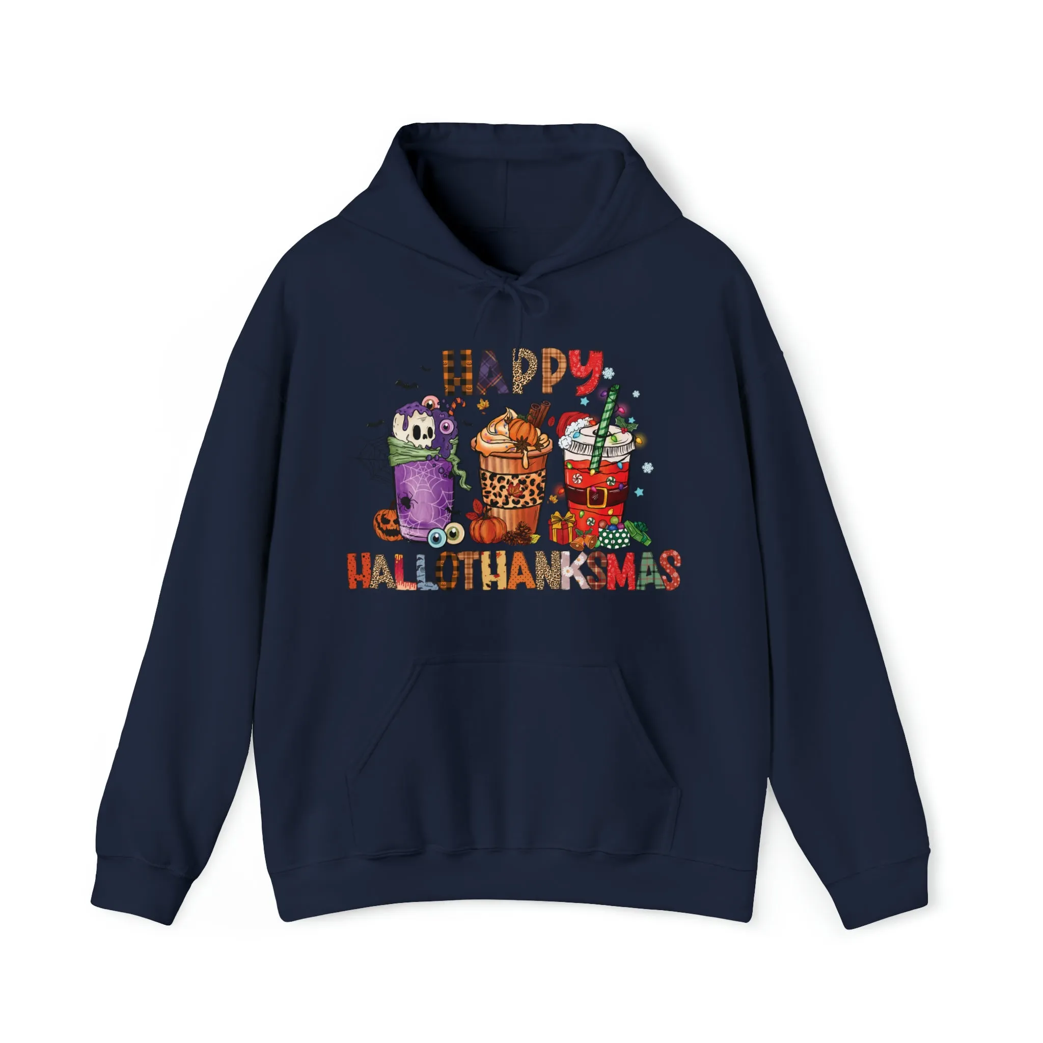 Happy Hallothanksmas Hooded Sweatshirt Hoodie Silly Halloween Thanksgiving Christmas All In One Graphic Viral Sweatshirt Viral Holiday Sweatshirt