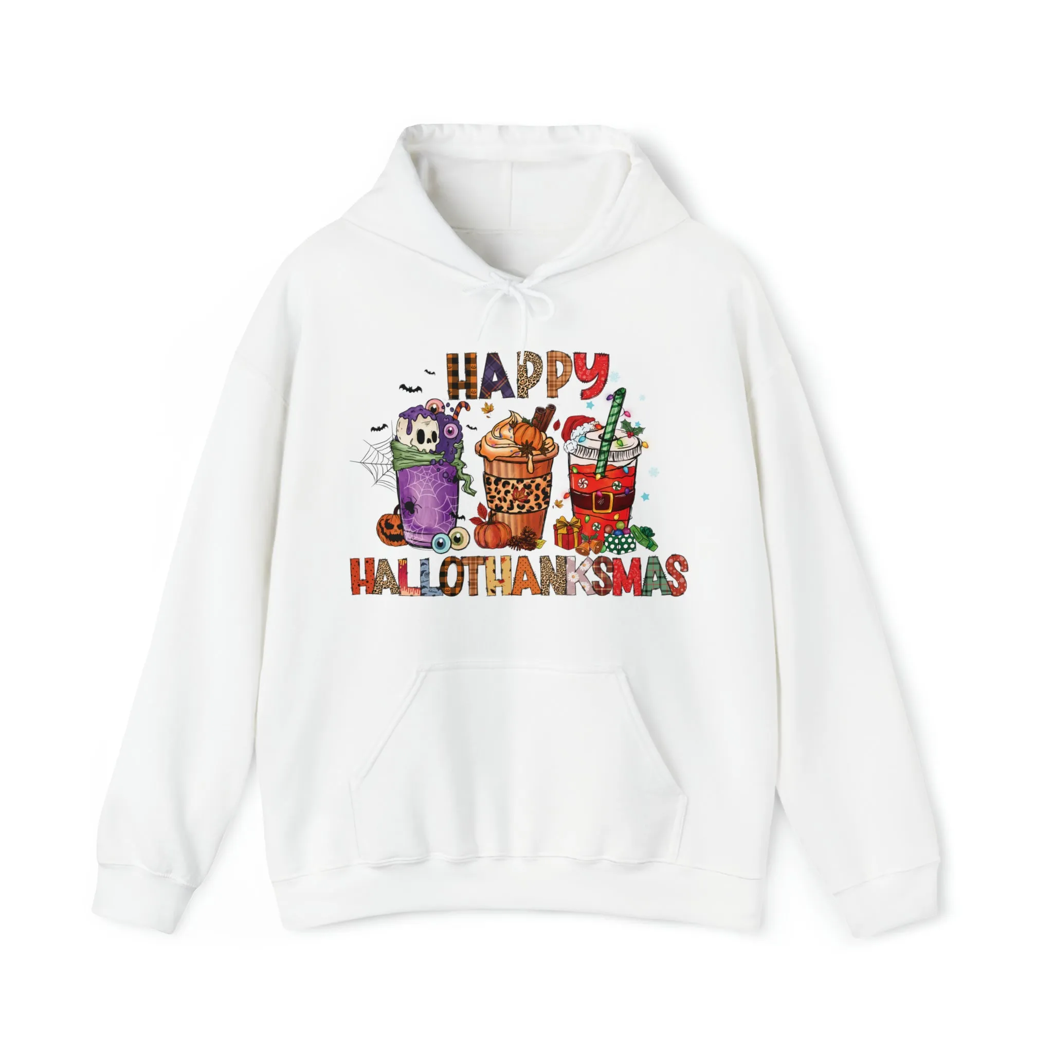 Happy Hallothanksmas Hooded Sweatshirt Hoodie Silly Halloween Thanksgiving Christmas All In One Graphic Viral Sweatshirt Viral Holiday Sweatshirt
