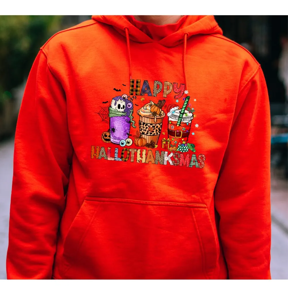 Happy Hallothanksmas Hooded Sweatshirt Hoodie Silly Halloween Thanksgiving Christmas All In One Graphic Viral Sweatshirt Viral Holiday Sweatshirt
