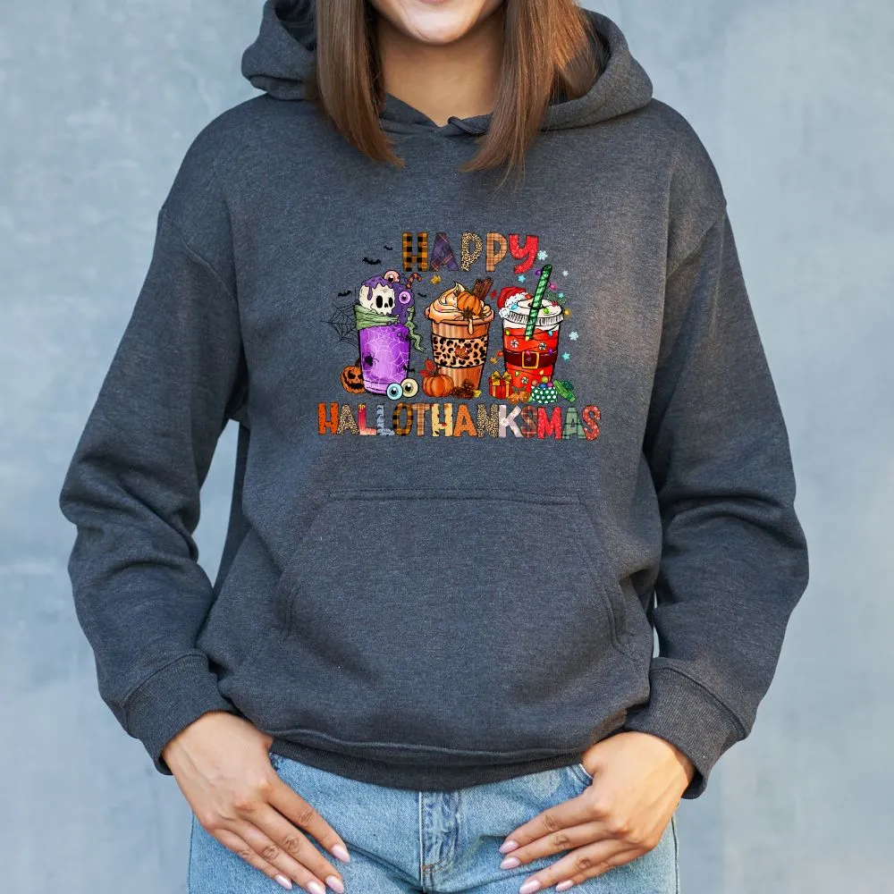 Happy Hallothanksmas Hooded Sweatshirt Hoodie Silly Halloween Thanksgiving Christmas All In One Graphic Viral Sweatshirt Viral Holiday Sweatshirt