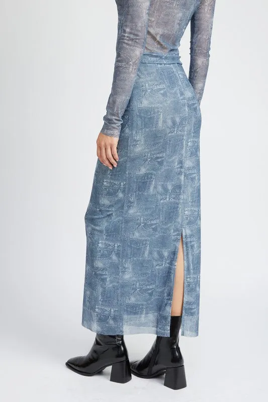 HIGH RISE PRNTED MAXI DENIM SKIRT