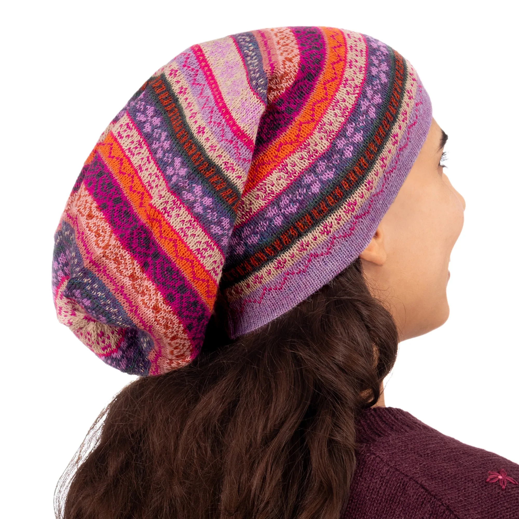Jacquard Knit 100% Alpaca Hat in Pink Fuchsia and Lavender - La Vie en Rose | NOVICA