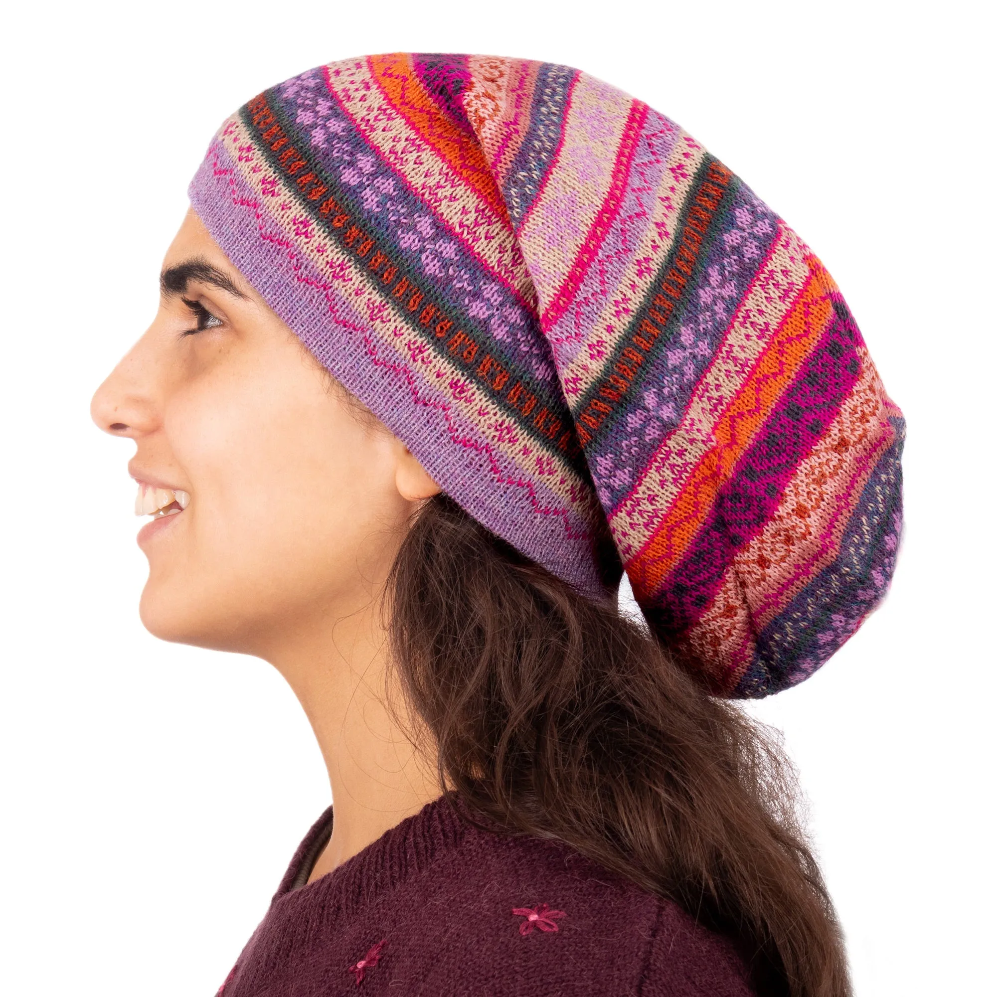 Jacquard Knit 100% Alpaca Hat in Pink Fuchsia and Lavender - La Vie en Rose | NOVICA