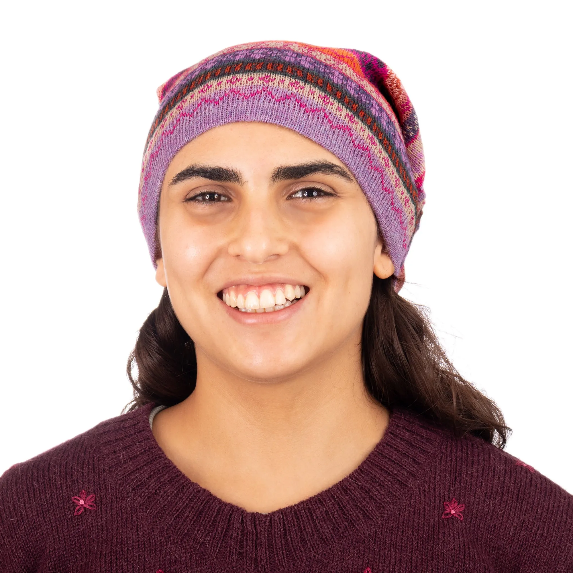 Jacquard Knit 100% Alpaca Hat in Pink Fuchsia and Lavender - La Vie en Rose | NOVICA