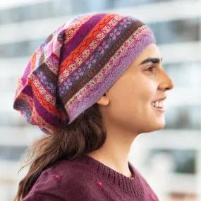Jacquard Knit 100% Alpaca Hat in Pink Fuchsia and Lavender - La Vie en Rose | NOVICA