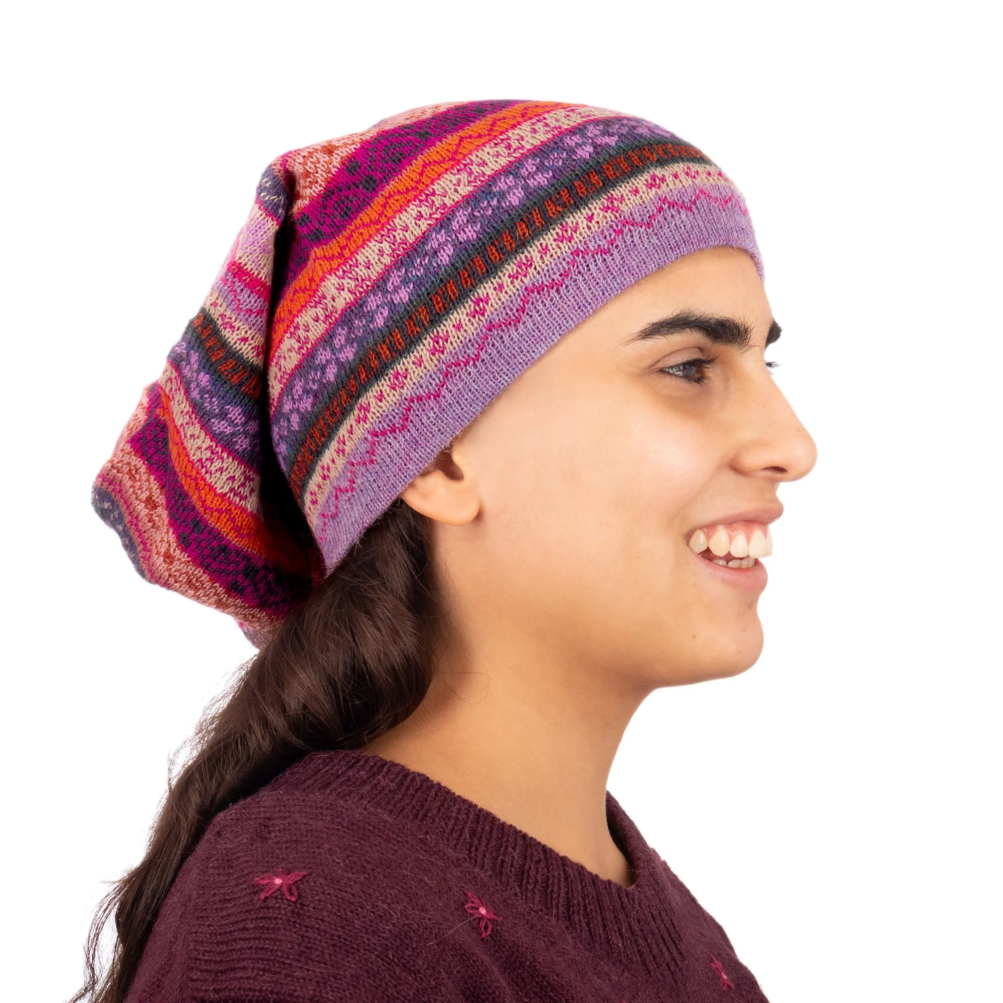 Jacquard Knit 100% Alpaca Hat in Pink Fuchsia and Lavender - La Vie en Rose | NOVICA