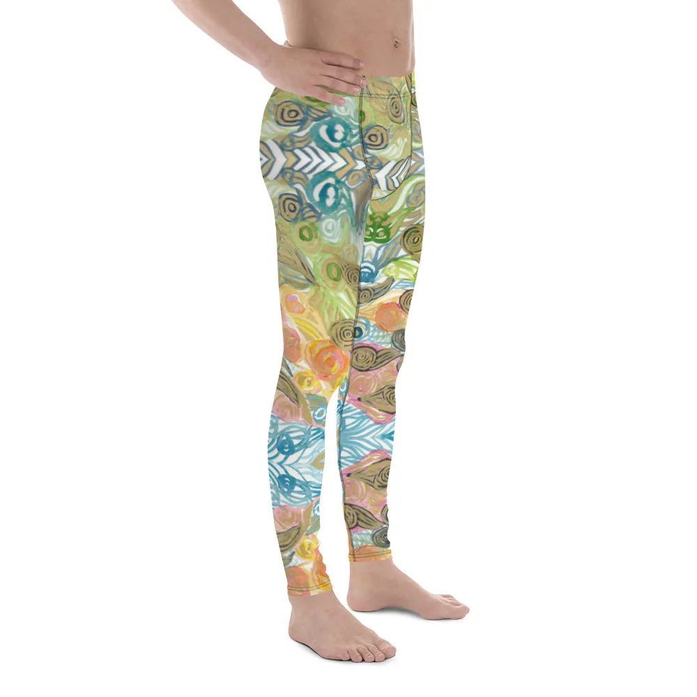 Japanese Waves Style Men's Leggings, Colorful Chic Boho Style Designer Meggings-Made in USA/EU