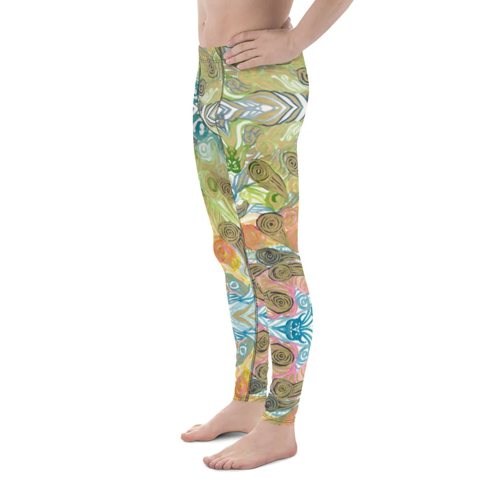 Japanese Waves Style Men's Leggings, Colorful Chic Boho Style Designer Meggings-Made in USA/EU