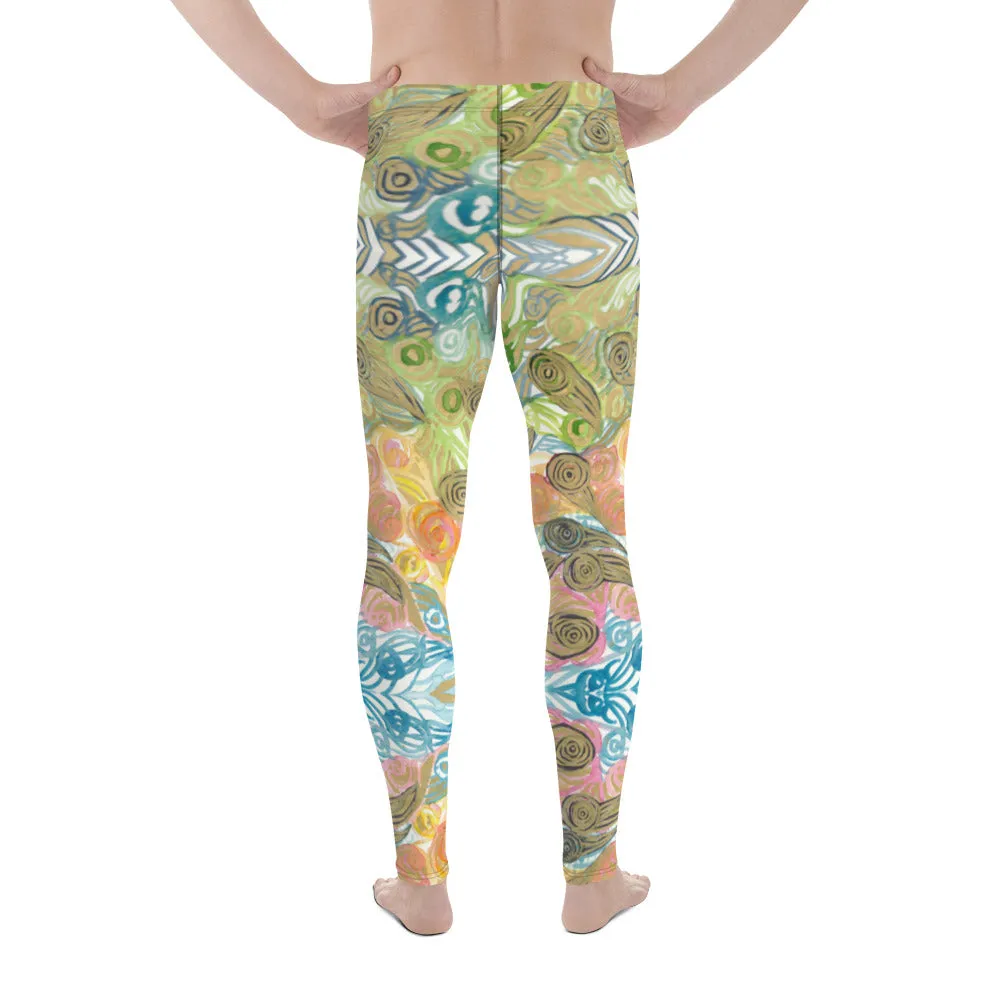 Japanese Waves Style Men's Leggings, Colorful Chic Boho Style Designer Meggings-Made in USA/EU