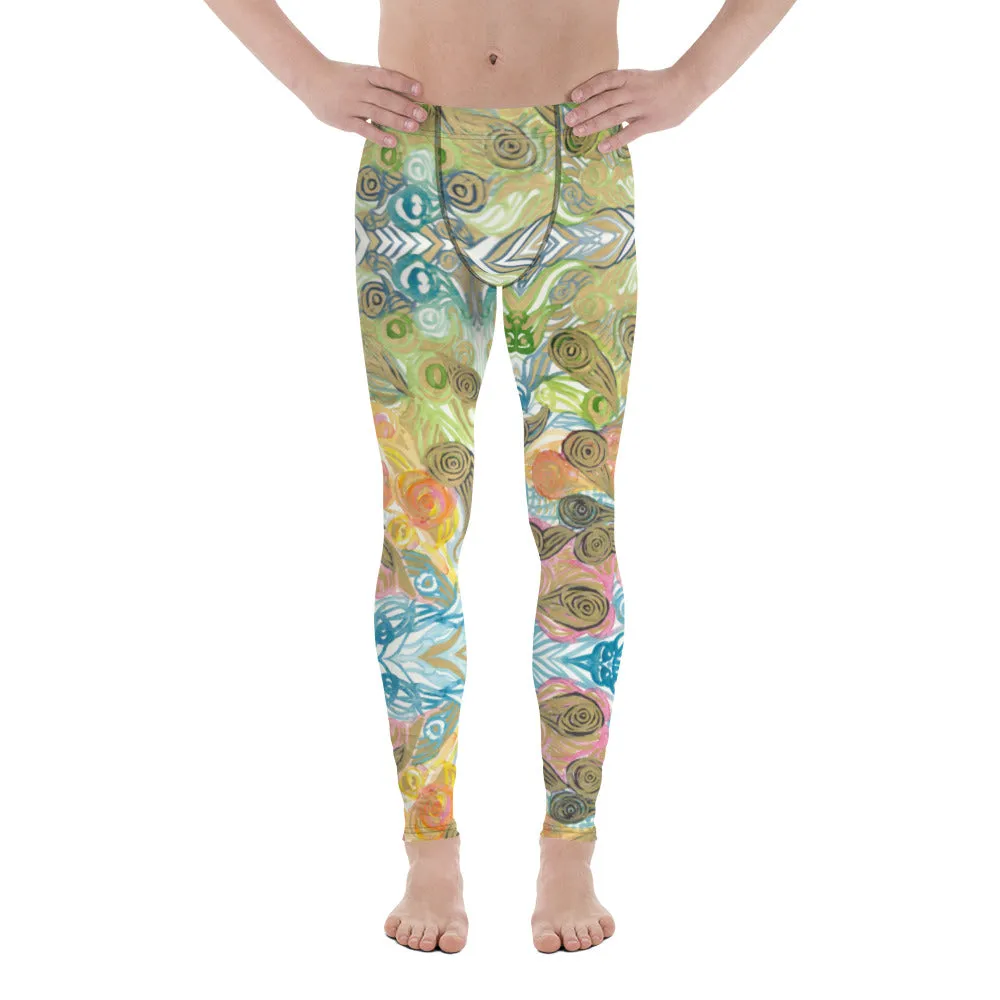 Japanese Waves Style Men's Leggings, Colorful Chic Boho Style Designer Meggings-Made in USA/EU