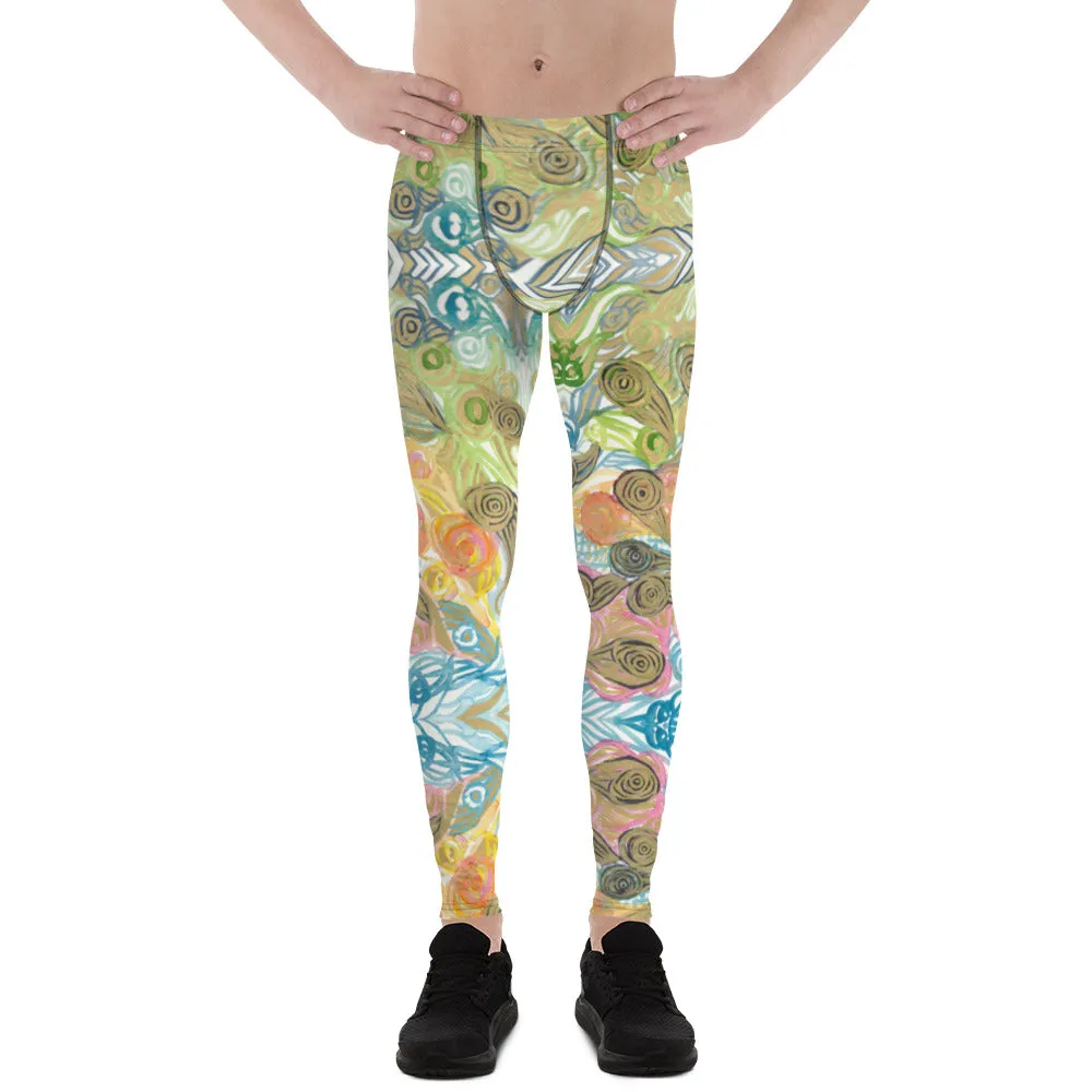 Japanese Waves Style Men's Leggings, Colorful Chic Boho Style Designer Meggings-Made in USA/EU