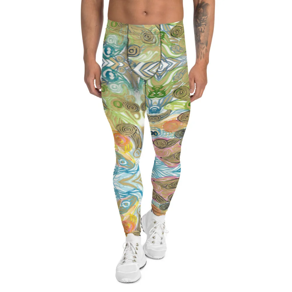 Japanese Waves Style Men's Leggings, Colorful Chic Boho Style Designer Meggings-Made in USA/EU