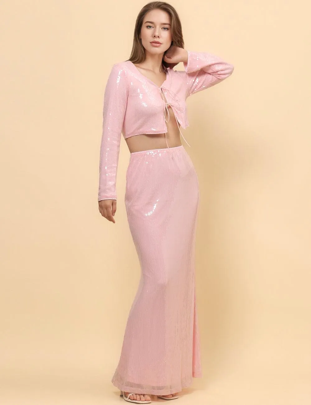 Ladies Shinny Sequin Night Out Top Maxi Skirt Set SKD4921