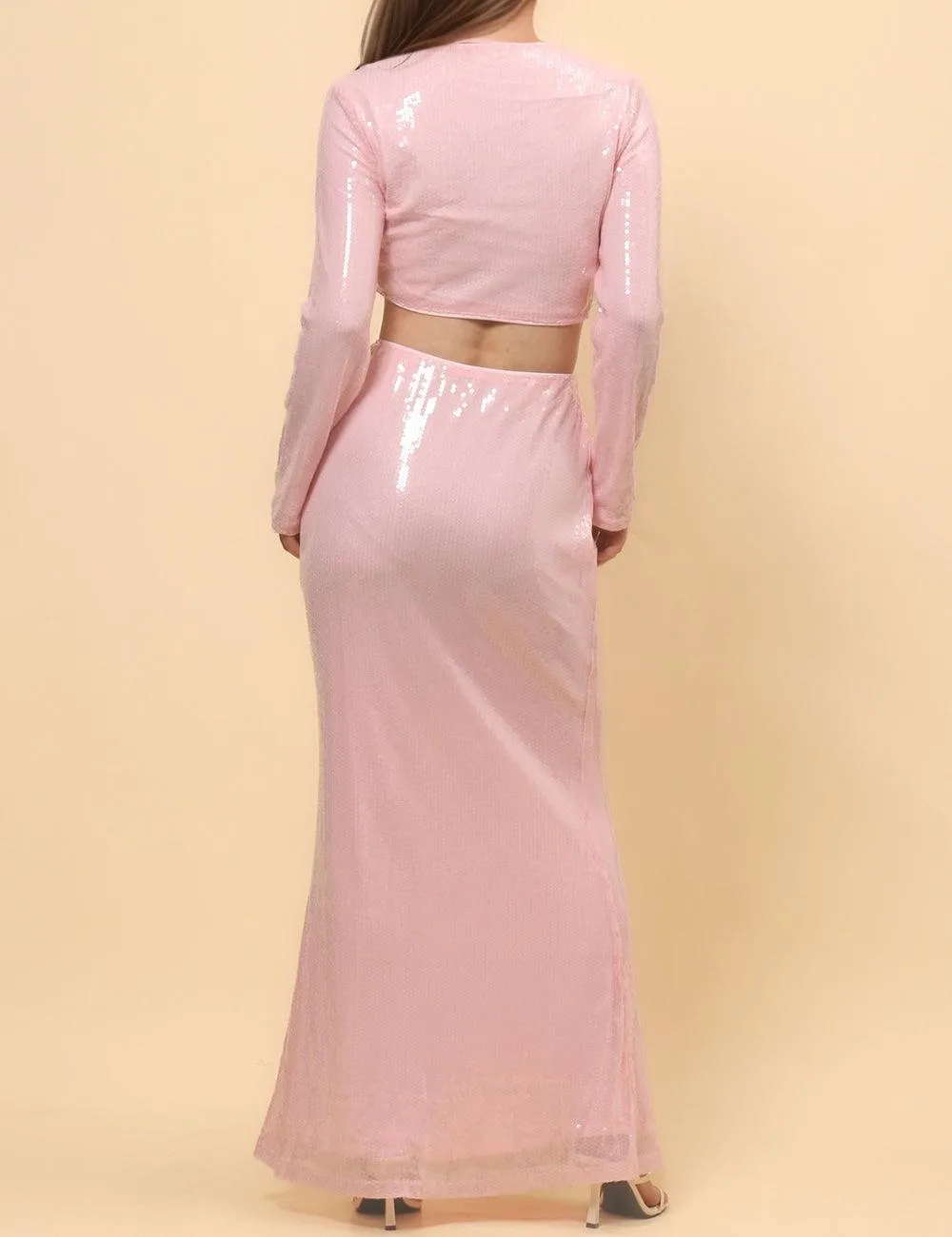 Ladies Shinny Sequin Night Out Top Maxi Skirt Set SKD4921