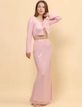 Ladies Shinny Sequin Night Out Top Maxi Skirt Set SKD4921
