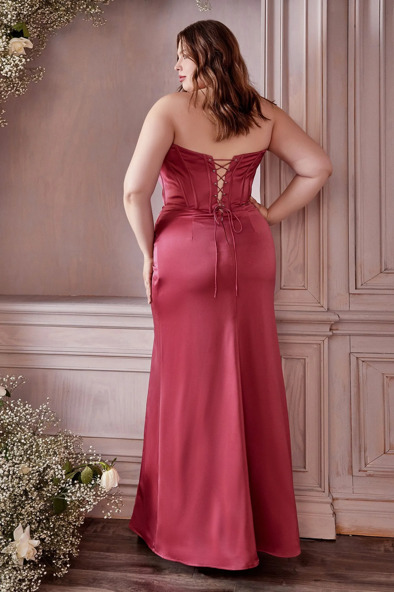 Ladivine 7484C Soft Satin Corset Curvy Dress Off Shoulder Straps High Slit Bridesmaids
