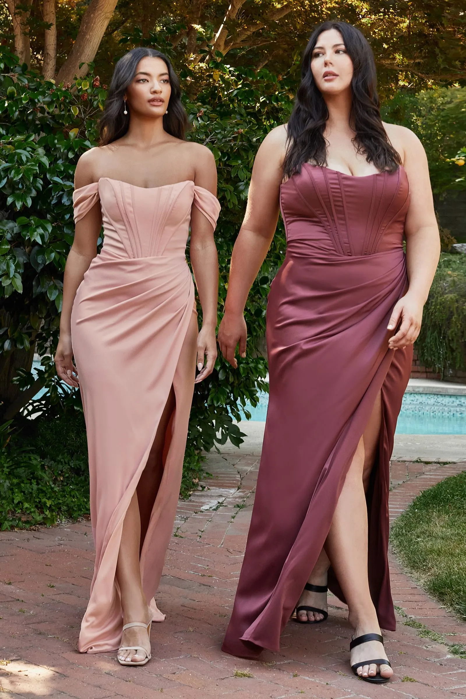 Ladivine 7484C Soft Satin Corset Curvy Dress Off Shoulder Straps High Slit Bridesmaids