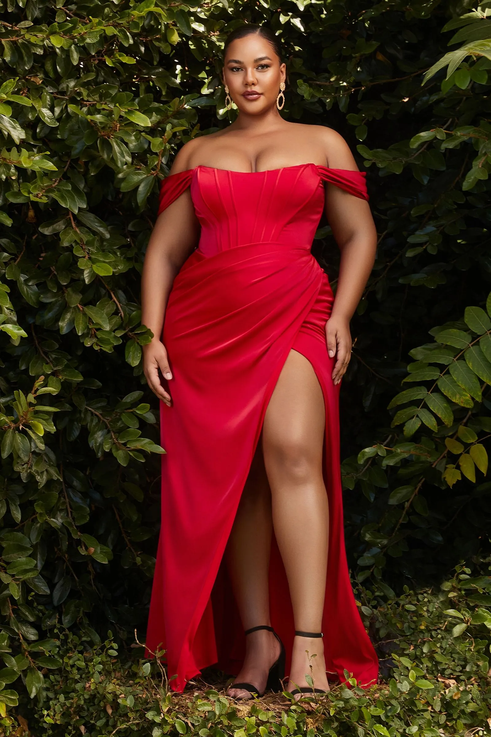 Ladivine 7484C Soft Satin Corset Curvy Dress Off Shoulder Straps High Slit Bridesmaids